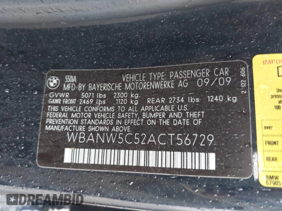 2010 BMW 5 Series 550i with VIN WBANW5C52ACT56729, listed as a IAAI auction lot 41511672 with 109,674 mi miles and . Bid and sale history available at DreamBid. Image 9.