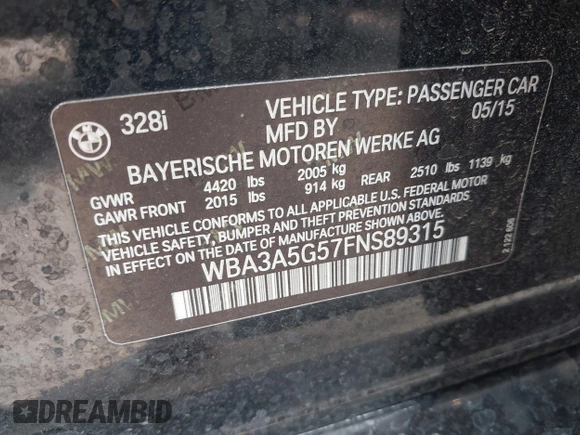 2015 BMW 3 Series 328i с VIN WBA3A5G57FNS89315, выставлен на аукционе IAAI как лот 42293358 с пробегом Не указан миль и . История ставок и продаж доступна на DreamBid. Изображение 9.