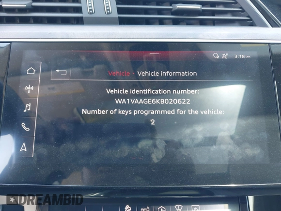 2019 Audi e-tron Prestige with VIN WA1VAAGE6KB020622, listed as a IAAI auction lot 41830236 with 32,835 mi miles and . Bid and sale history available at DreamBid. Image 18.