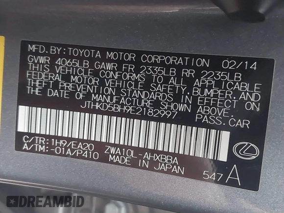 2014 Lexus CT 200h with VIN JTHKD5BH9E2182997, listed as a IAAI auction lot 41756156 with 105,983 mi miles and . Bid and sale history available at DreamBid. Image 9.