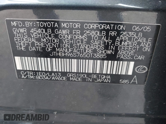 2006 Lexus GS 300 z VIN JTHBH96S765013885, wystawiony jako IAAI lot #42112901 z przebiegiem 151 491 mil mil oraz . Historia ofert i sprzedaży dostępna na DreamBid. Obrazek 9.