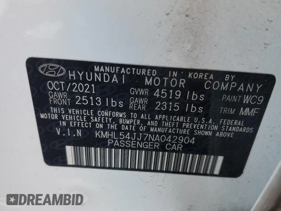 2022 Hyundai Sonata Hybrid Limited with VIN KMHL54JJ7NA042904, listed as a Copart auction lot 42278663 with 29,714 mi miles. Bid and sale history available at carsss.com. Image 12.