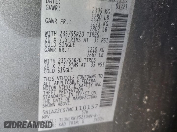 2021 Nissan Murano SL with VIN 5N1AZ2CS7MC110157, listed as a Copart auction lot 86660264 with Not Provided miles and Salvage Title. Bid and sale history available at DreamBid. Image 14.
