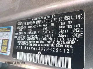 2017 Kia Sorento LX with VIN 5XYPG4A32HG294131, listed as a IAAI auction lot 42079685 with 106,166 mi miles. Bid and sale history available at carsss.com. Image 9.