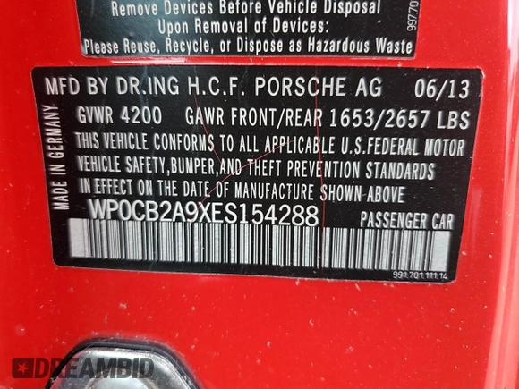2014 Porsche 911 Carrera S with VIN WP0CB2A9XES154288, listed as a Copart auction lot 74562834 with 0 mi miles and Non Repairable. Bid and sale history available at carsss.com. Image 13.