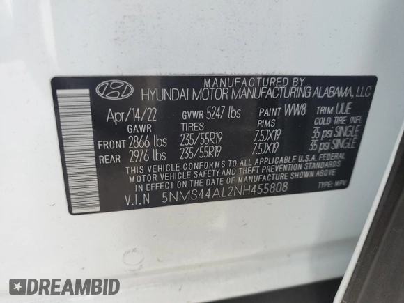 2022 Hyundai Santa Fe Limited with VIN 5NMS44AL2NH455808, listed as a Copart auction lot 45237285 with 51,255 mi miles and Salvage Title. Bid and sale history available at carsss.com. Image 15.