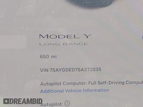 2025 Tesla Model Y Long Range with VIN 7SAYGDED7SA373235, listed as a IAAI auction lot 42100950 with 650 mi miles and . Bid and sale history available at DreamBid. Image 16.