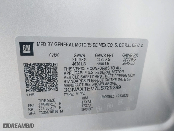 2020 Chevrolet Equinox LT with VIN 3GNAXTEV7LS720289, listed as a IAAI auction lot 41641550 with 135,353 mi miles. Bid and sale history available at carsss.com. Image 9.