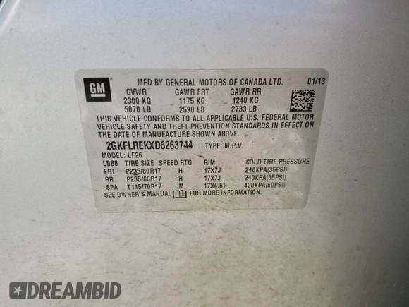 2013 GMC Terrain SLE with VIN 2GKFLREKXD6263744, listed as a Copart auction lot 86473694 with 98,522 mi miles and Clean Title. Bid and sale history available at carsss.com. Image 13.
