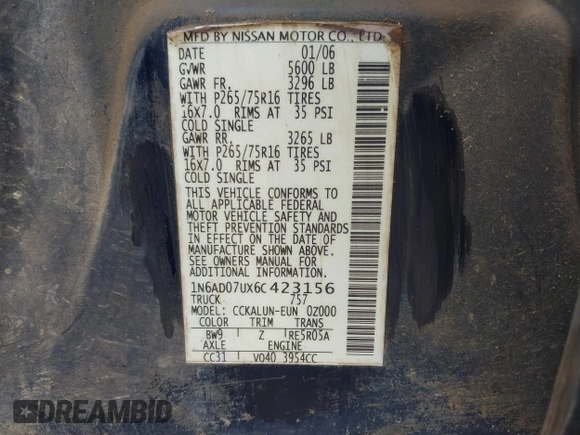 2006 Nissan Frontier SE z VIN 1N6AD07UX6C423156, wystawiony jako IAAI lot #42477881 z przebiegiem Nie podano mil oraz . Historia ofert i sprzedaży dostępna na DreamBid. Obrazek 9.