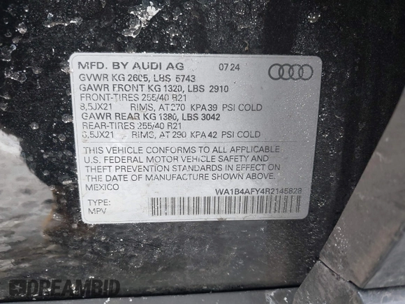 2024 Audi SQ5 Premium Plus with VIN WA1B4AFY4R2145828, listed as a IAAI auction lot 41404705 with 7,426 mi miles and . Bid and sale history available at DreamBid. Image 9.