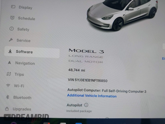 2022 Tesla Model 3 Long Range with VIN 5YJ3E1EB1NF116850, listed as a IAAI auction lot 42062677 with 48,744 mi miles and . Bid and sale history available at DreamBid. Image 14.
