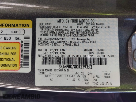2016 Ford Fusion S z VIN 3FA6P0G78GR239353, wystawiony jako IAAI lot #42078032 z przebiegiem 177 367 mil mil oraz . Historia ofert i sprzedaży dostępna na DreamBid. Obrazek 9.