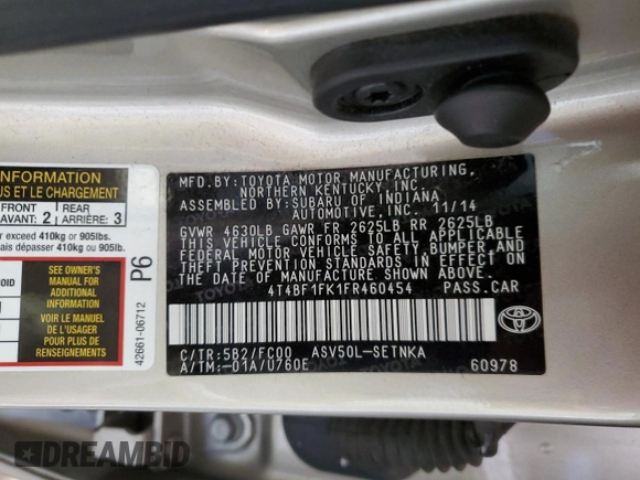 2015 Toyota Camry XLE with VIN 4T4BF1FK1FR460454, listed as a Copart auction lot 53542915 with 73,797 mi miles and Salvage Title. Bid and sale history available at DreamBid. Image 12.