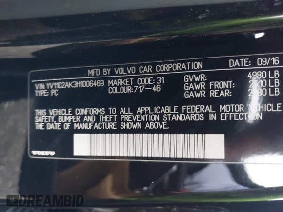 2017 Volvo S90 Momentum with VIN YV1102AK3H1006469, listed as a IAAI auction lot 41795564 with 121,001 mi miles. Bid and sale history available at carsss.com. Image 9.