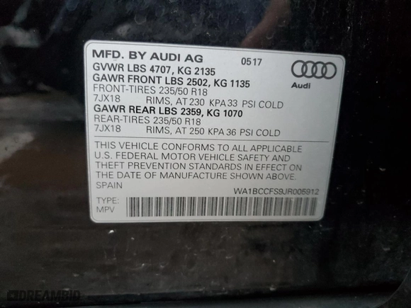 2018 Audi Q3 Premium with VIN WA1BCCFS9JR005912, listed as a Copart auction lot 86347834 with 56,741 mi miles and Salvage Title. Bid and sale history available at carsss.com. Image 12.