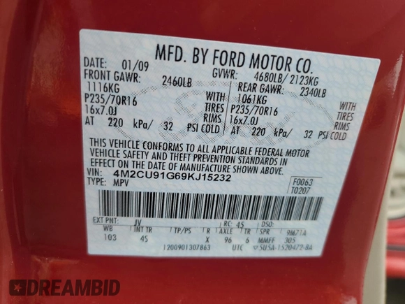 2009 Mercury Mariner with VIN 4M2CU91G69KJ15232, listed as a Copart auction lot 66601584 with 179,928 mi miles and Salvage title. Bid and sale history available at DreamBid. Image 15.