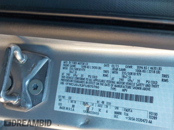 2015 Ford Escape Titanium with VIN 1FMCU0JX2FUB70760, listed as a IAAI auction lot 41649089 with 1 mi miles. Bid and sale history available at carsss.com. Image 9.