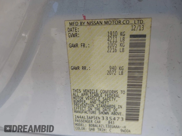 2014 Nissan Altima S with VIN 1N4AL3AP5EN335473, listed as a IAAI auction lot 41952678 with 156,474 mi miles and . Bid and sale history available at DreamBid. Image 9.