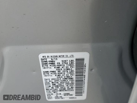 2014 Nissan Murano S with VIN JN8AZ1MW4EW502243, listed as a Copart auction lot 51287175 with 95,273 mi miles and Salvage Title. Bid and sale history available at carsss.com. Image 15.