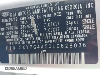 2020 Kia Sorento LX V6 with VIN 5XYPG4A50LG628036, listed as a IAAI auction lot 41457081 with Not Provided miles. Bid and sale history available at carsss.com. Image 9.