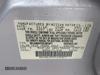 2012 Nissan Sentra S z VIN 3N1AB6AP2CL691877, wystawiony jako IAAI lot #42497242 z przebiegiem 188 160 mil mil oraz . Historia ofert i sprzedaży dostępna na DreamBid. Obrazek 9.