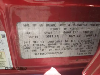2010 Chevrolet Aveo 1LT with VIN KL1TD5DE5AB097407, listed as a IAAI auction lot 42005256 with 156,440 mi miles and . Bid and sale history available at DreamBid. Image 9.