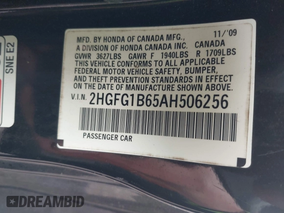 2010 Honda Civic Cpe LX with VIN 2HGFG1B65AH506256, listed as a IAAI auction lot 41942862 with 142,683 mi miles. Bid and sale history available at carsss.com. Image 9.