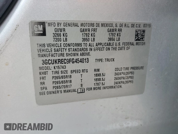 2015 Chevrolet Silverado 1500 LT with VIN 3GCUKREC9FG454013, listed as a Copart auction lot 43319665 with Not Provided miles and Salvage Title. Bid and sale history available at DreamBid. Image 13.