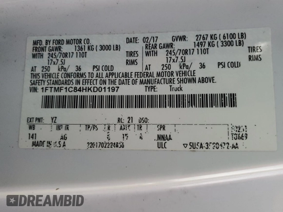 2017 Ford F-150 XL with VIN 1FTMF1C84HKD01197, listed as a Copart auction lot 79015754 with 148,372 mi miles and Salvage Title. Bid and sale history available at carsss.com. Image 14.