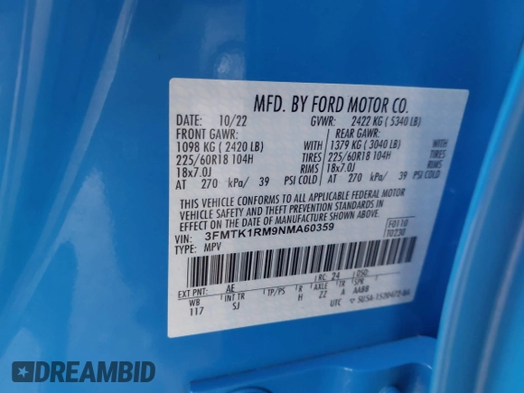 2022 Ford Mustang Mach-E Select with VIN 3FMTK1RM9NMA60359, listed as a IAAI auction lot 42633622 with 17,068 mi miles and . Bid and sale history available at DreamBid. Image 9.