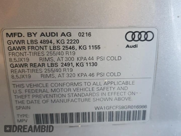2016 Audi Q3 Prestige with VIN WA1GFCFS8GR016986, listed as a Copart auction lot 60787215 with 125,866 mi miles and Salvage title. Bid and sale history available at DreamBid. Image 13.