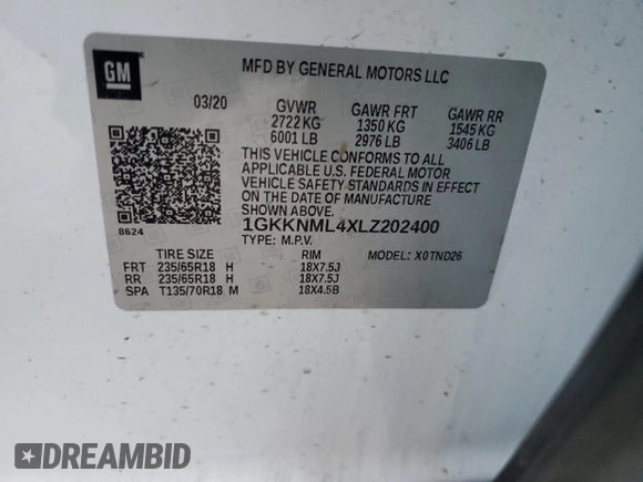2020 GMC Acadia SLT with VIN 1GKKNML4XLZ202400, listed as a Copart auction lot 84801624 with 101,763 mi miles and Salvage title. Bid and sale history available at DreamBid. Image 15.