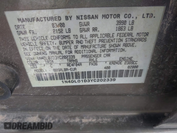 2000 Nissan Altima XE with VIN 1N4DL01D3YC202339, listed as a IAAI auction lot 42188804 with 129,579 mi miles and . Bid and sale history available at carsss.com. Image 9.