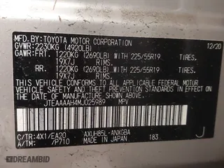 2021 Toyota Venza LE with VIN JTEAAAAH4MJ025989, listed as a IAAI auction lot 41642832 with 34,459 mi miles. Bid and sale history available at carsss.com. Image 9.