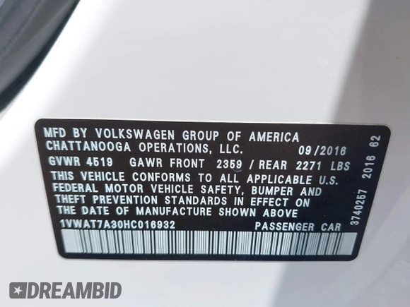 2017 Volkswagen Passat S with VIN 1VWAT7A30HC016932, listed as a IAAI auction lot 42611874 with 100,959 mi miles and . Bid and sale history available at DreamBid. Image 9.