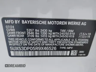 2024 BMW X3 xDrive30i with VIN 5UX53DP05R9X46526, listed as a IAAI auction lot 42122839 with 5,218 mi miles and . Bid and sale history available at DreamBid. Image 9.