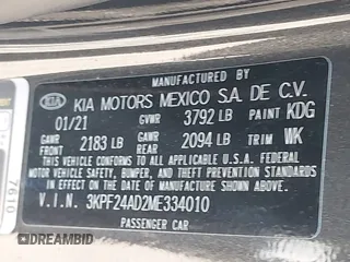 2021 Kia Forte LXS z VIN 3KPF24AD2ME334010, wystawiony jako IAAI lot #42067027 z przebiegiem 76 325 mil mil oraz . Historia ofert i sprzedaży dostępna na DreamBid. Obrazek 9.