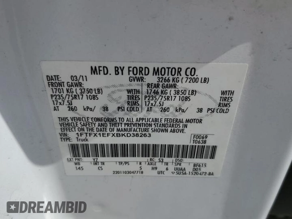 2011 Ford F-150 XL with VIN 1FTFX1EFXBKD38263, listed as a Copart auction lot 55781605 with 260,213 mi miles and Salvage title. Bid and sale history available at DreamBid. Image 12.