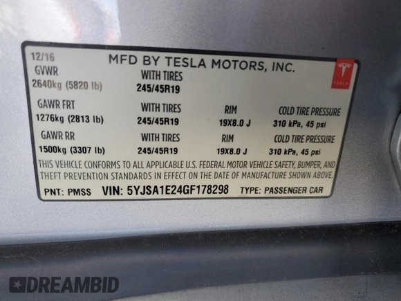 2016 Tesla Model S 90D with VIN 5YJSA1E24GF178298, listed as a Copart auction lot 52799545 with 112,391 mi miles and Salvage Title. Bid and sale history available at DreamBid. Image 13.