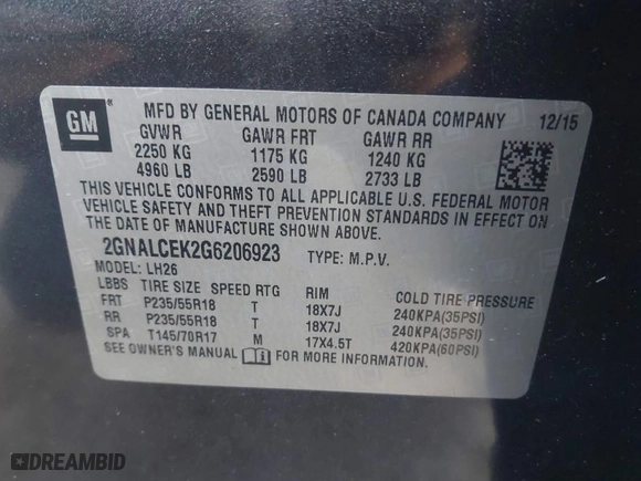2016 Chevrolet Equinox LT with VIN 2GNALCEK2G6206923, listed as a IAAI auction lot 41843747 with 125,656 mi miles. Bid and sale history available at carsss.com. Image 9.