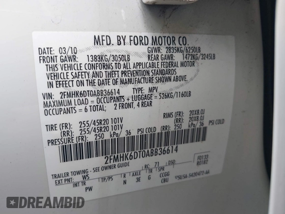2010 Ford Flex Limited w/Ecoboost with VIN 2FMHK6DT0ABB36614, listed as a IAAI auction lot 42032803 with 137,200 mi miles. Bid and sale history available at carsss.com. Image 9.