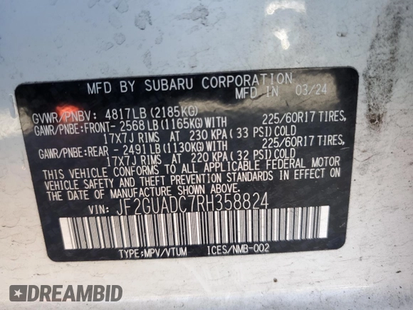 2024 Subaru Crosstrek Premium with VIN JF2GUADC7RH358824, listed as a Copart auction lot 64696895 with 20,433 mi miles and Salvage title. Bid and sale history available at DreamBid. Image 14.
