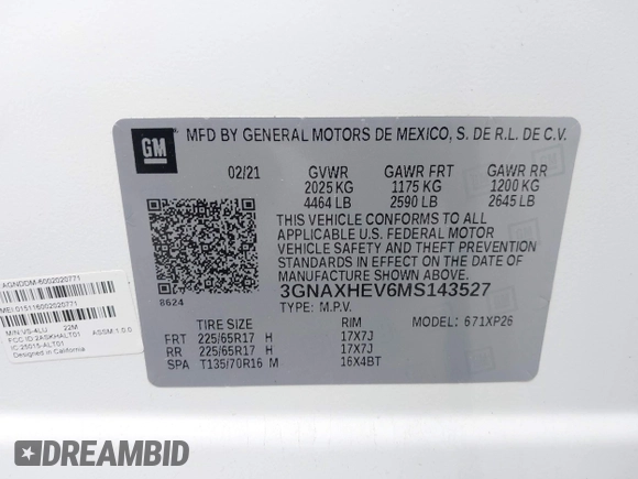 2021 Chevrolet Equinox LS with VIN 3GNAXHEV6MS143527, listed as a IAAI auction lot 42028486 with 23,136 mi miles and . Bid and sale history available at DreamBid. Image 9.