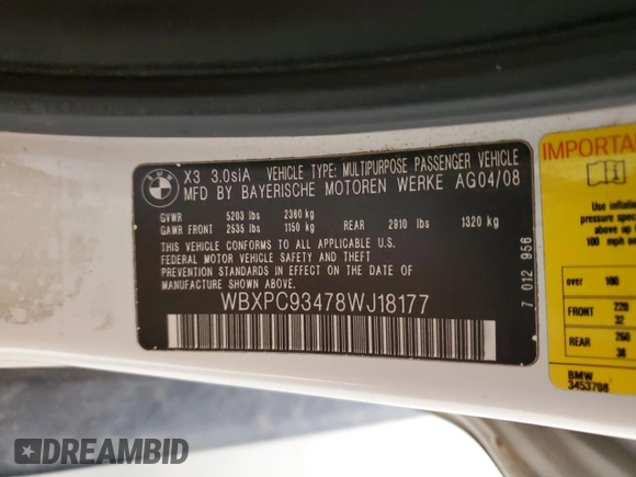 2008 BMW X3 3.0si with VIN WBXPC93478WJ18177, listed as a Copart auction lot 56006565 with 114,244 mi miles and Clean Title. Bid and sale history available at DreamBid. Image 12.