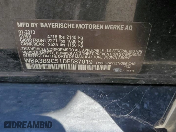 2013 BMW 3 Series 335i xDrive with VIN WBA3B9C51DF587019, listed as a Copart auction lot 59373025 with 118,723 mi miles and Salvage title. Bid and sale history available at DreamBid. Image 12.