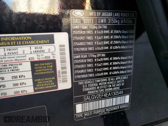 2014 Land Rover Range Rover Autobiography with VIN SALGV2EF4EA130544, listed as a Copart auction lot 84410274 with 172,350 mi miles and Clean Title. Bid and sale history available at DreamBid. Image 13.