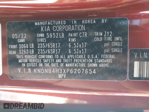 2023 Kia Carnival LX with VIN KNDNB4H3XP6207654, listed as a Copart auction lot 76453864 with 0 mi miles and Non Repairable. Bid and sale history available at carsss.com. Image 13.