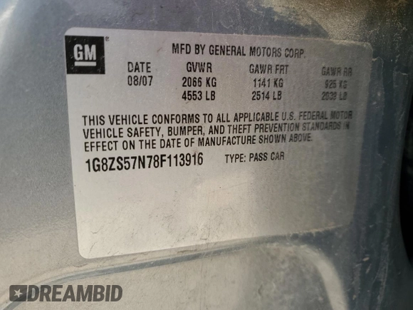 2008 Saturn Aura XE with VIN 1G8ZS57N78F113916, listed as a Copart auction lot 49458575 with 130,074 mi miles and Salvage Title. Bid and sale history available at DreamBid. Image 14.