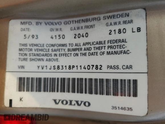 1993 Volvo 900 z VIN YV1JS8318P1140782, wystawiony jako Copart lot #41431855 z przebiegiem 141 139 mil mil oraz Szkoda całkowita • Salvage title. Historia ofert i sprzedaży dostępna na DreamBid. Obrazek 13.